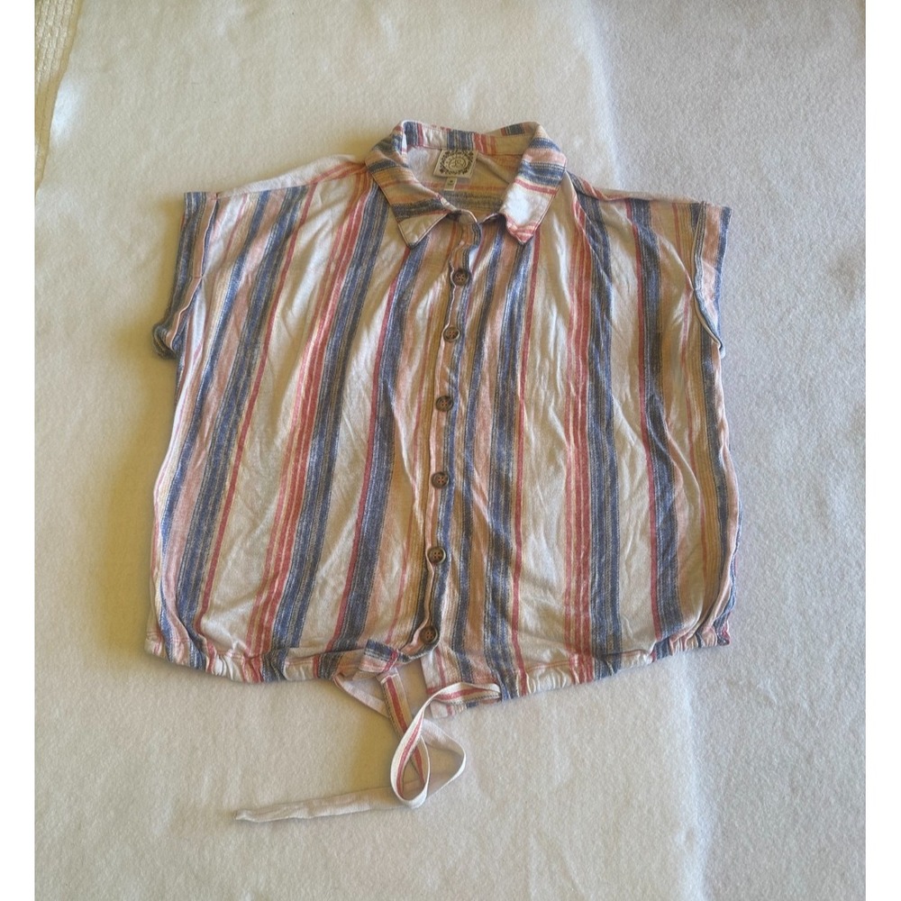 Tru Self Womens Top Size M Striped Multicolor Short Sleeve Tie Front Button Boho